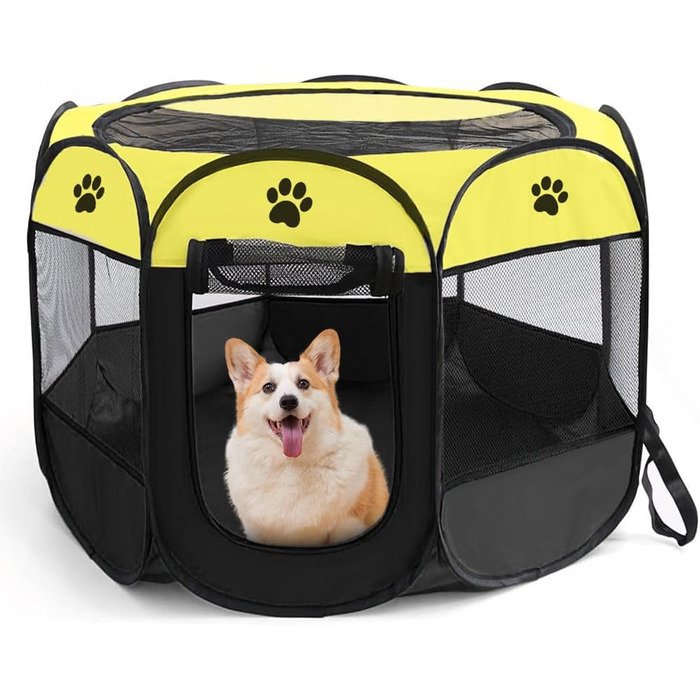 Змінний вольєр для цуценят, вольєр для тварин, вольєр для собак, 74x74x43 см, клітка для котів на вулицю та в приміщення, матеріал Оксфорд, для собак, котів, кроликів, дрібних тварин (жовтий)