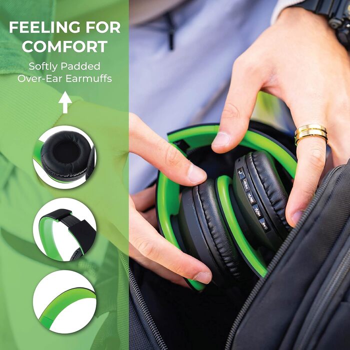 PowerLocus Bluetooth навушники Over-Ear, бездротові, Hi-Fi Stereo, складні, з мікрофоном, з м'якими амбушюрами, Micro SD/TF, FM радіо для iPhone/Android/Tablet/Laptop (Чорний/Зелений)
