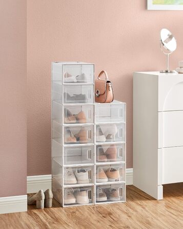 SONGMICS Shoe Boxes, 12-Piece Set, Plastic Shoe Organizer, Foldable and Stackable, for Shoes up to Size 44, Transparent-White LSP12SWT