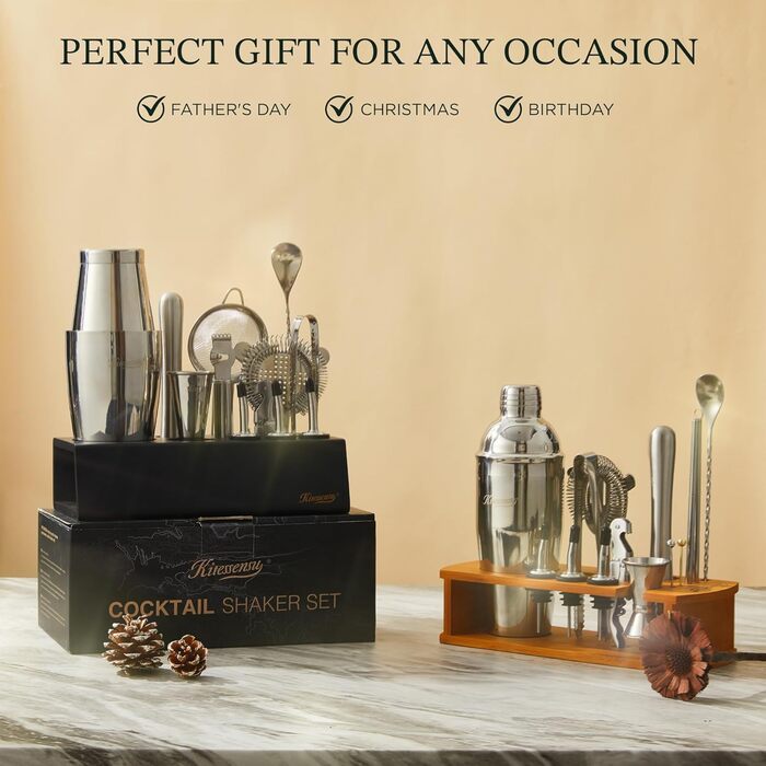 Набір для коктейлів KITESSENSU Boston Shaker: професійний шейкер, джигер, ситечко, мадлер, аксесуари для бару - 15 предметів, чорна підставка