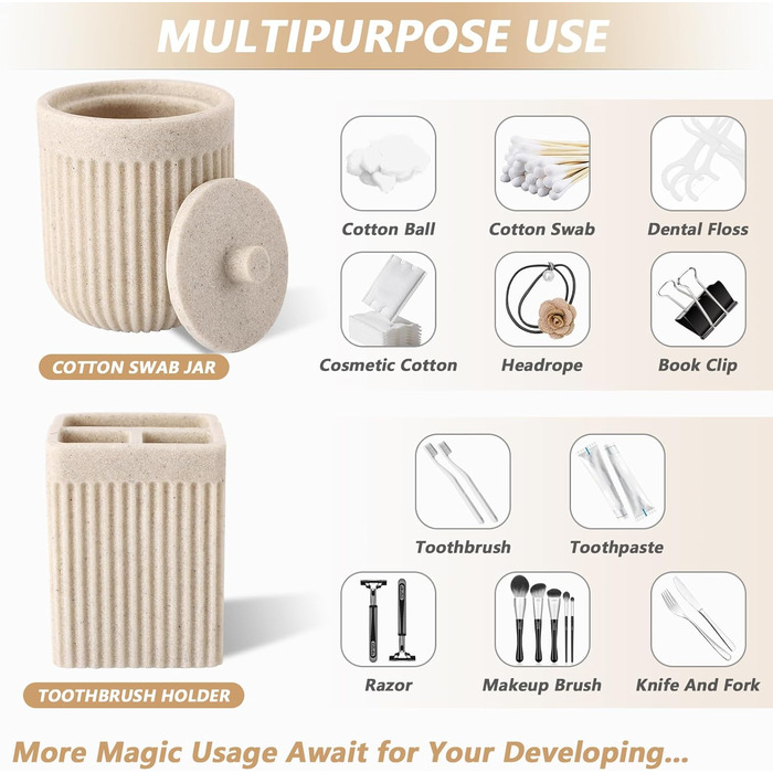 Набір аксесуарів для ванної кімнати XLHOMO з штучного каменю, 5 предметів: диспенсер для мила/лосьйону, тримач для зубних щіток, стакан, контейнер для ватних паличок та піднос для туалетного столика. Організатор для дому, колір: бежевий.