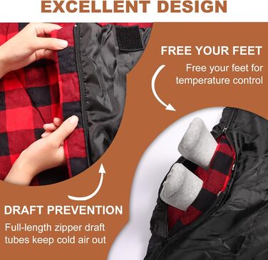 Спальний мішок двомісний ETGLCOZY для дорослих та дітей, XL Queen Size, 220*160 см, для кемпінгу, походів, трекінгу, вологостійкий, з компресійним мішком (чорний/червоний)