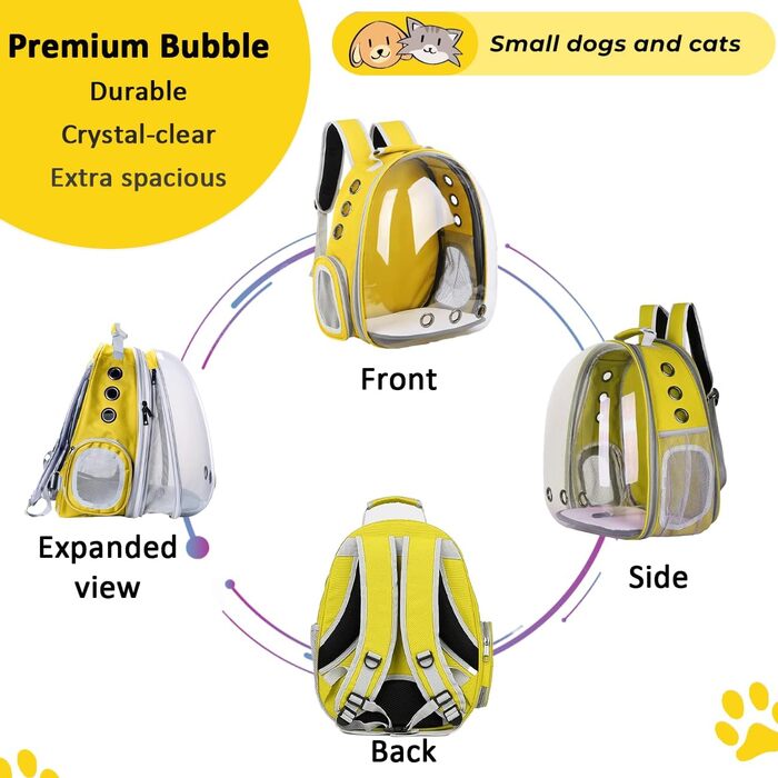 Розширюваний рюкзак для котів та собак, передній рюкзак з прозорим вікном та блискавкою, для подорожей та піших прогулянок, розширювана спинка (жовтий)