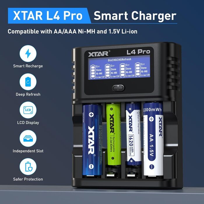 Зарядний пристрій XTAR L4 Pro для AA/AAA акумуляторів Ni-MH та Li-ion - швидка зарядка, захист від перезаряду