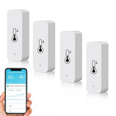 WLAN Smart Thermometer Hygrometer, Digital Mini Indoor Temperature and Humidity Sensor, Room Temperature Humidity Sensor App Remote Control for Greenhouse Basement, Compatible with Alexa/Google Home. 4Pack