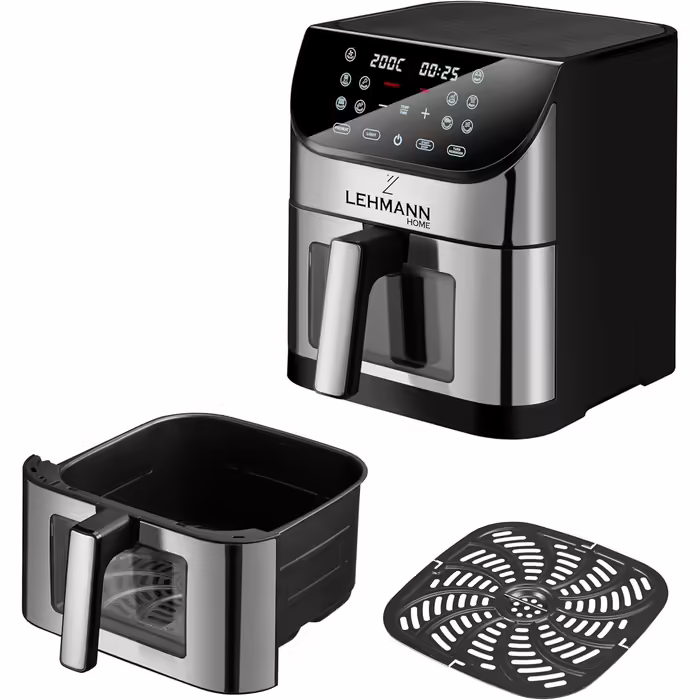 Lehmann Hot Air Fryer XXL with 8L Basket and Viewing Window, Oil-Free Fryer with Lighting, 1800W, Temperature Control up to 200° C, Airfryer with up to 10 Programs, Timer and Touch Display
