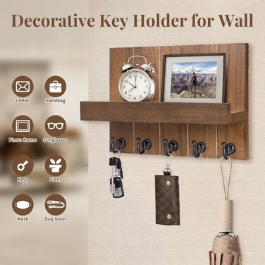Дерев'яне ключове дощечка з полицею, 5 гачків, для прихожої, спальні, вітальні (колір: коричневий)