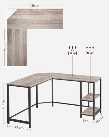 VASAGLE Desk, L-Shaped Computer Desk, 138 x 138 x 76 cm, Corner Desk with 2 Shelves, Space-Saving Office Desk, Gaming, Home Office, Easy Assembly, Greige-Black LWD72MB Greige + Black