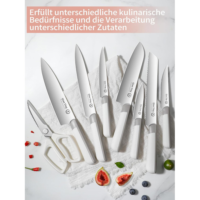 Набір кухонних ножів Qianying з блоком: 14 предметів, нержавіюча сталь, з точилкою, срібний колір, подарунок для мами
