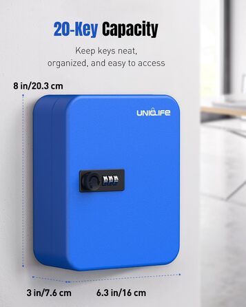 Шкафчик для ключів Uniclife на 60 позицій з комбінацією та ключовим замком, переналаштовується, цифрова скринька безпеки, органайзер для ключів з регульованими полицями (20 ключів, блакитний)
