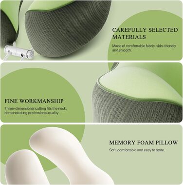 Подушка для шиї у подорожах, Memory Foam, ергономічна підтримка шиї | Подушка для шиї, подушка-ролик | Для подорожей, офісу, літака та дому, зелена
