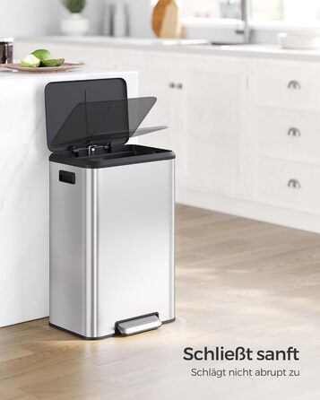 Відро для сміття SONGMICS 40 л з кришкою, педальним механізмом, Soft-Close, утримуванням кришки, срібне, LTB541E40