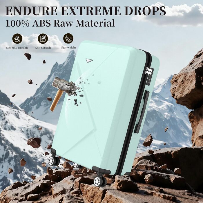 Набір валіз Ystyle Kofferset 5 шт: 12', 18', 20', 24', 28' + косметичка. ABS, 360° колеса, TSA-замок. Ідеально для подорожей Європою, круїзів та навчання за кордоном. Колір: м'ятний.