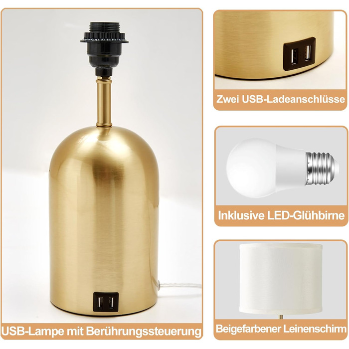 Настільна лампа GyroVu з USB-портом, сенсорним керуванням, 3 рівнями регулювання яскравості, тканинним абажуром та золотим підставою для спальні, вітальні та домашнього офісу