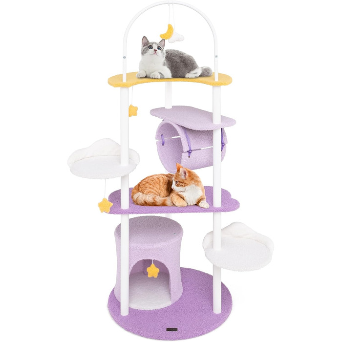 Котячий будиночок COSTWAY з когтеточкою, гамаком та іграшками, фіолетово-рожевий (60x60x158 см)