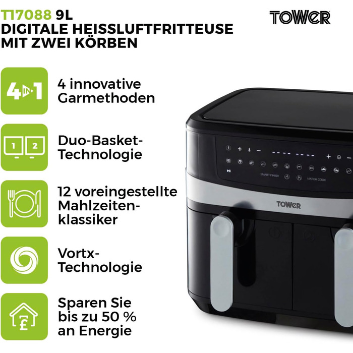 Фритюрниця Tower T17088 Vortx 9 л з двома кошиками, подвійна аерофритюрниця на 2600 Вт, чорна, Smart Finish, 2 камери