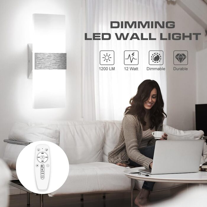 Сучасна LED-стінова лампа Sytmhoe з димуванням, керуванням через додаток, 12W, 960LM, акрил, з пультом, 85-265V, для спальні/вітальні, срібна