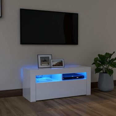 ТВ тумба vidaXL з LED підсвіткою, глянцева біла, 90x35x40 см, низька шафа для телевізора, медіатумба, HiFi меблі