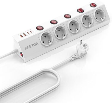 Мережевий фільтр 5-портовий з USB, індивідуальне вмикання, білий (3680W/16A) з 2 USB-C та 2 USB-A, швидка зарядка, захист від перенапруги, дитячий захист для офісу
