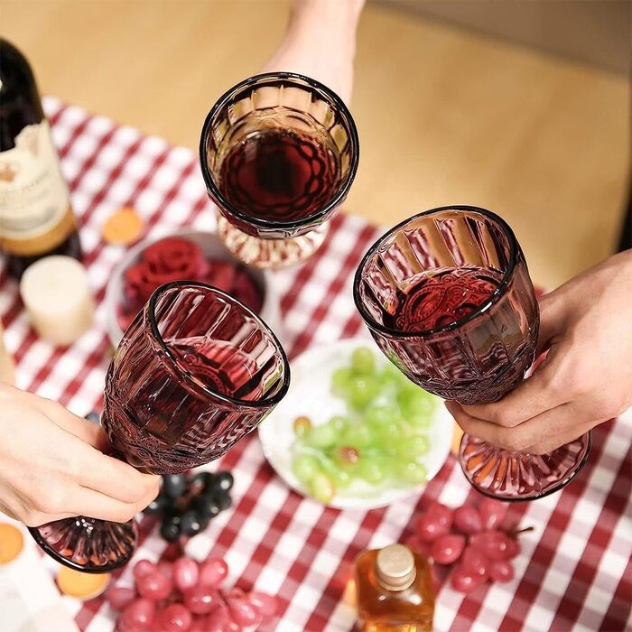 Joeyan Lila Vintage Wine Glasses with Embossed Design, Colored Relief Red Wine Glasses White Wine Glasses, Drinking Glasses, Goblet Glasses, Wine Goblet for Wine Juice Drinks, 300 ml, Set of 4, Dishwasher Safe