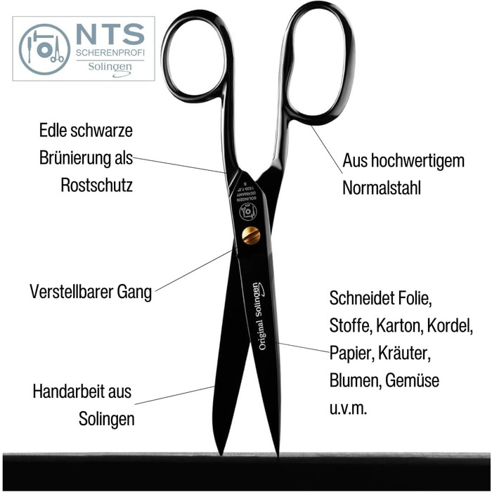 Кухонні ножиці NTS-Solingen BLACK EDITION, 18 см, з вуглецевої сталі, універсальні, супер гострі, чорне покриття від іржі, вироблені в Золінгені