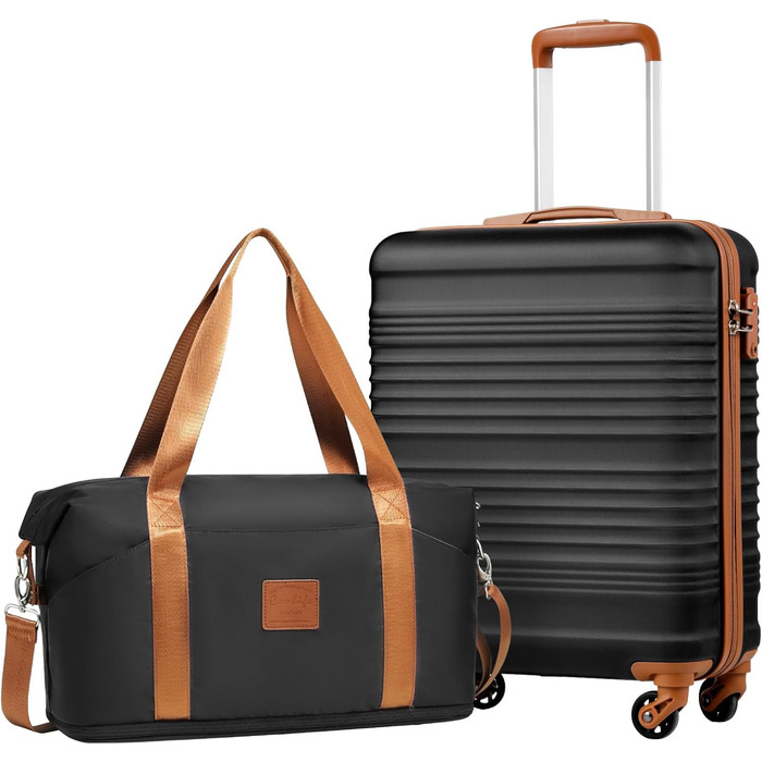 Набір ручної валізи COOLIFE 55x35x20cm та невеликої сумки 40x25x20cm (2 шт.) з TSA замком, 4 колесами, ABS-корпус, чорний/коричневий | Для Ryanair & Easyjet