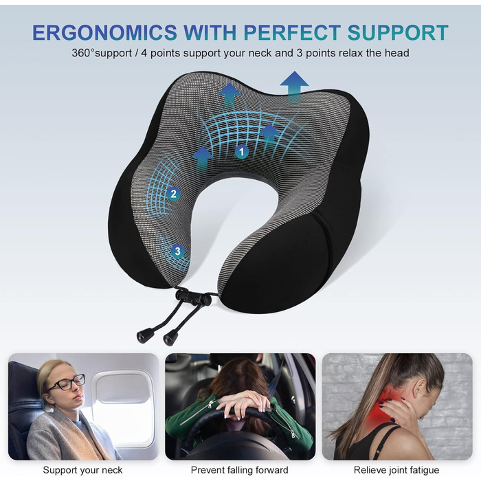 Подушка для шиї Eono з Memory Foam, ергономічна, для подорожей, з маскою для сну та навушниками, чорна