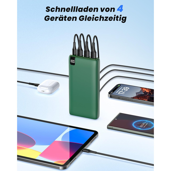 Power Bank Riapow 26800mAh: Швидка зарядка USB-C, 4 порти, LED-дисплей, для смартфонів та планшетів (зелений)