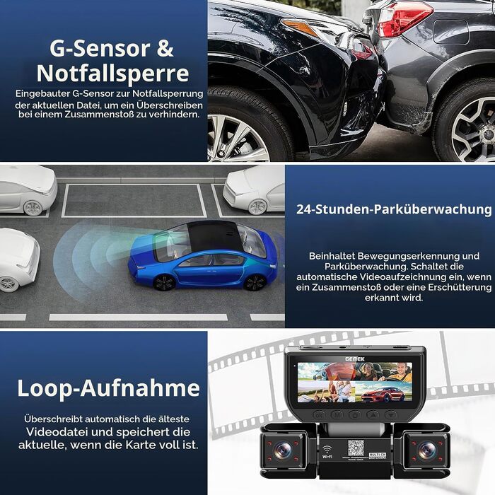 Автомобільний відеореєстратор GEMEK 4K/2K 360° огляду, 4-канальна Dashcam (передня, задня, ліва та права камери), 5G Wi-Fi, керування через додаток, G-сенсор, нічна зйомка, 3.16