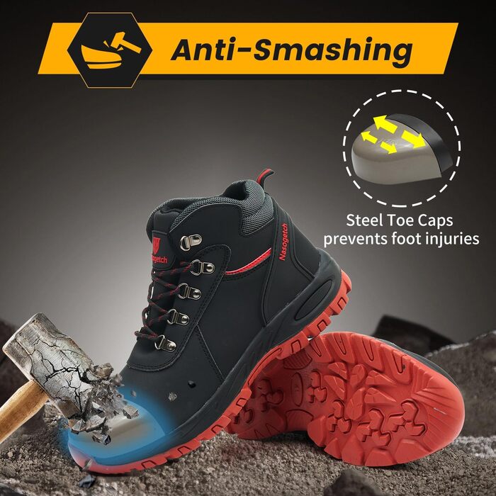 Черевики робочі зимові водонепроникні з металевим підсилювачем для жінок та чоловіків. Зимові робочі черевики, захисні черевики, антиковзаючі, чорно-червоні (39 EU)
