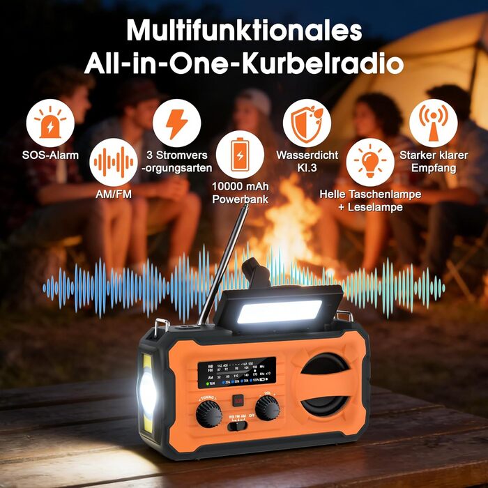Радіоприймач FIVAVA на сонячних батареях з ручним заводом, Powerbank 10000mAh, SOS-сигнал, LED-ліхтарик, USB. Для кемпінгу, надзвичайних ситуацій (Помаранчевий)