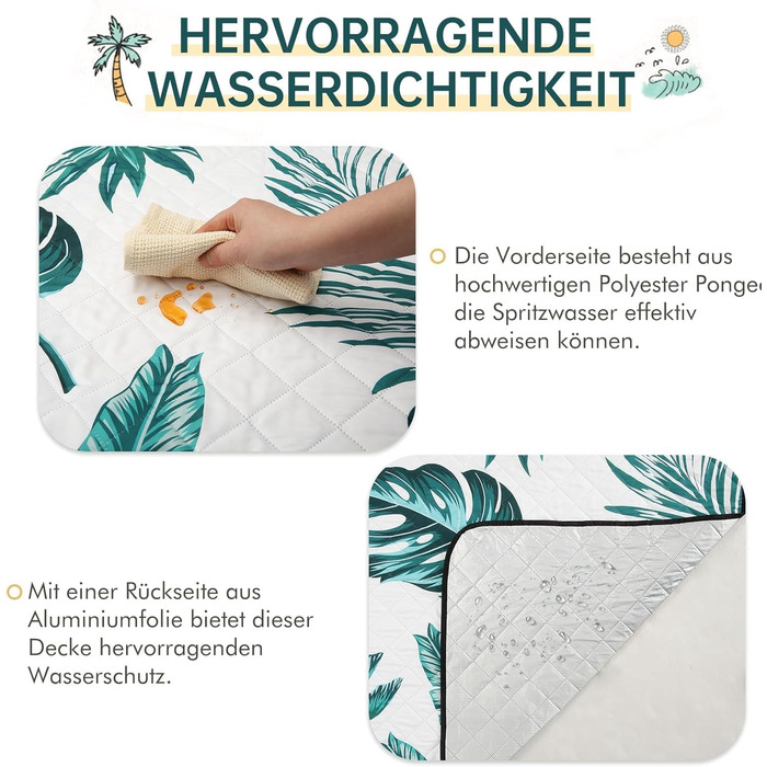 Плед для пікніка HAUSPROFI 200x300 см, водонепроникний, ізольований, зелений з квітковим малюнком. Для пляжу, кемпінгу, з ручкою та кілочками