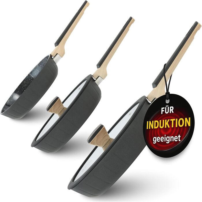 Набір сковорідок Pela Welle® Induktion, 5 предметів: 3 сковороди з покриттям та 2 кришки, чорний колір | Сковорода для індукційної плити, керамічне покриття, без PFOA, PFAS, PTFE