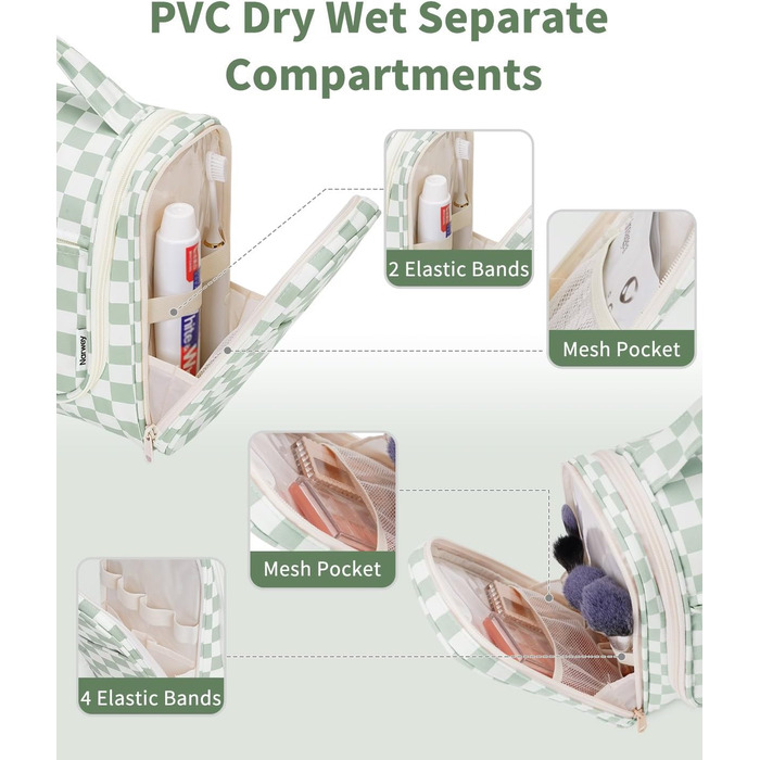 Сумка для косметики та туалетних аксесуарів для жінок та чоловіків, підвісна, з сіткою (блакитне листя, м'ятно-зелена решітка)