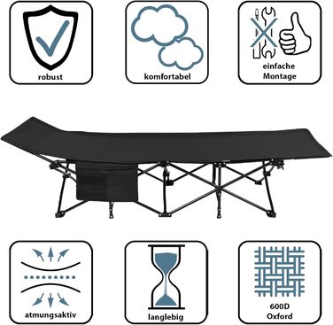 Кемпінгове ліжко Alpidex: розкладне, з кишенею, для відпочинку та гостей, чорне