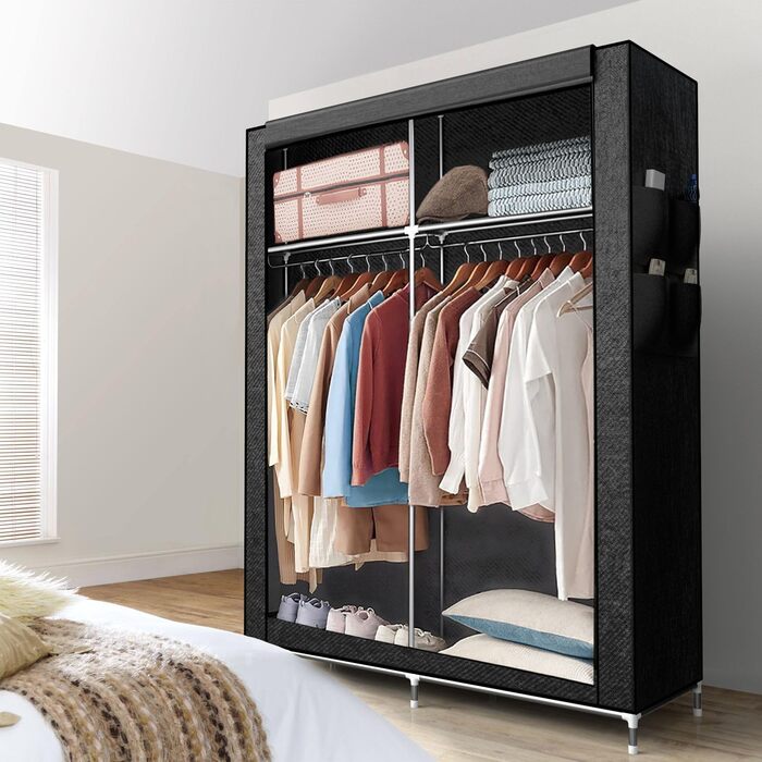 INTIRILIFE Folding Wardrobe 108x170x45 cm in Raven BLACK - Fabric Clothes Closet with Zipper and Clothes Rail, Side Pocket and Compartments - Shelf Unit, Metal Frame, Storage