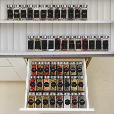 Square Spice Jars [24 x 120 ml] Spice Containers with 301 Labels, Stainless Steel Lids | Spice Jar Set | Spice Storage, Spice Glass, Spice Organizer, Shaker Insert
