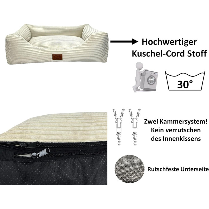 Ортопедичне ліжко для собак Elropet з м'якого корду, кошик для собак (Оливковий, Кремово-білий), XS/S/M/L/XL, XXL (145x110x30cm)