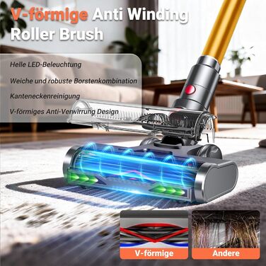 Бездротовий акумуляторний пилосос 58KPa/550W з LED-дисплеєм та антизаплутана щітка, 1.8L, для тварин, килимів, твердих поверхонь та авто, сірий & золотий