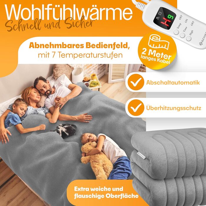 Електрична грілка KESSER® з плюшу 180x130 см сірого кольору | з таймером та автовимкненням | тепла та затишна ковдра | 9 температурних режимів | прання до 40°C | цифровий дисплей