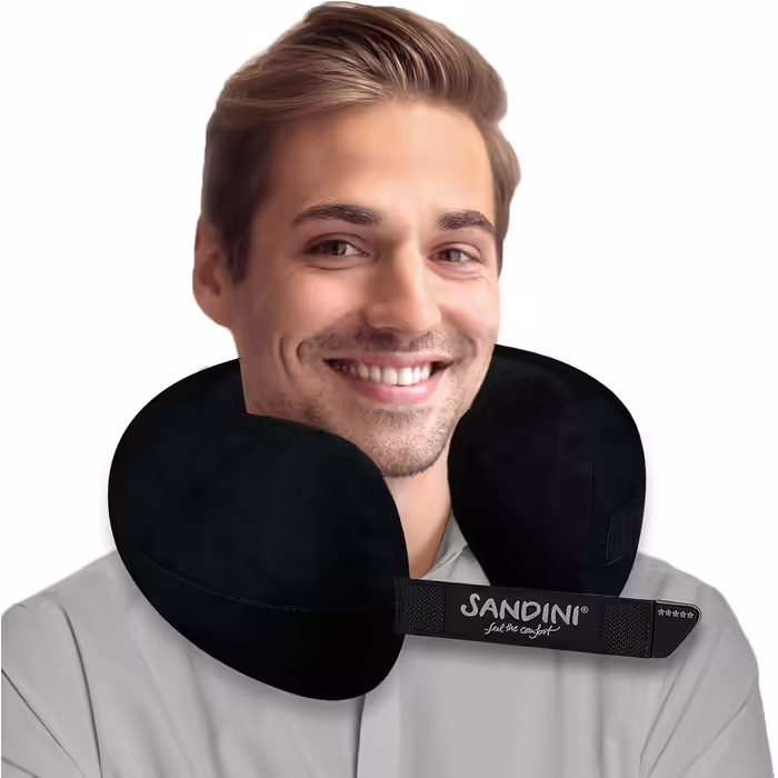 SANDINI TravelFix Regular Size – Microfiber – Premium Travel Pillow Made in EU / Neck Pillow with Ergonomic Support – Free Carrying Bag with Attachment Clip
