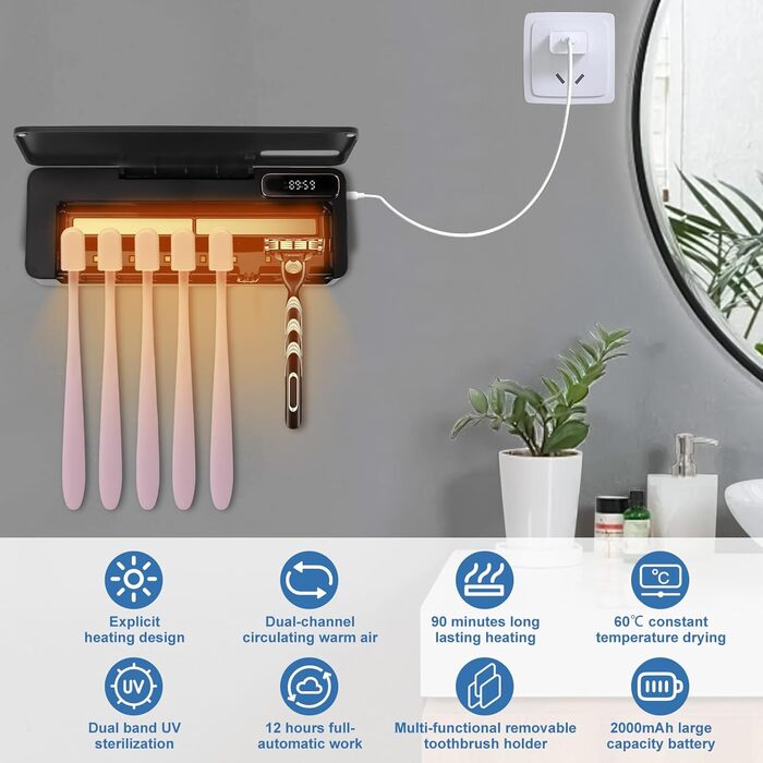 UV Toothbrush Sanitizer with 6 Toothbrush Brush Slots, UV Disinfection Toothbrush Holder with Drying, 2000mAh USB Rechargeable Toothbrush Sanitizer Holder Wall Mounted with 3 Modes for Bathrooms (White) (Black)