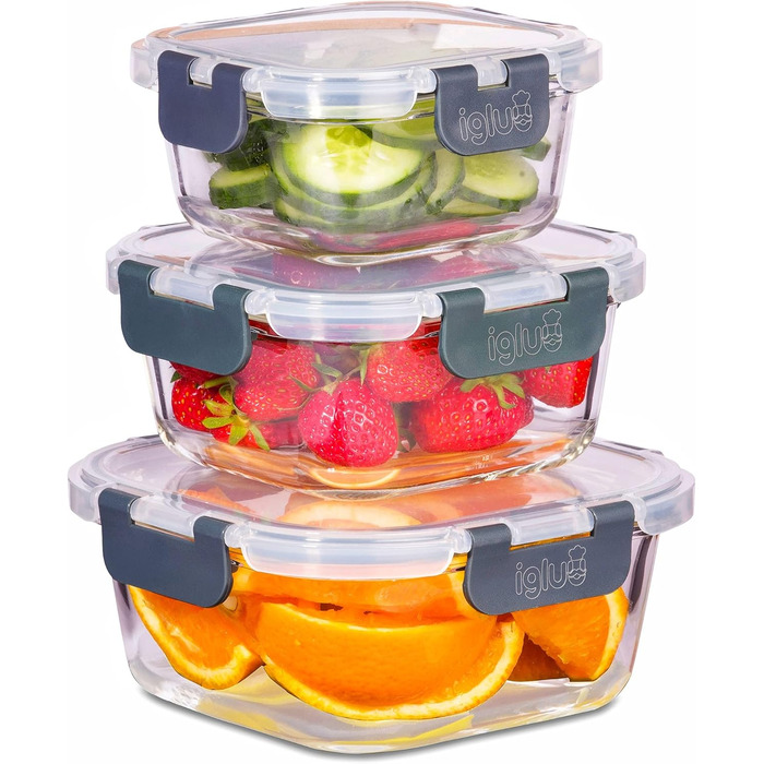Контейнери для харчування Igluu, скляні, 3 шт. (400/650/950 мл) - BPA-free, мікрохвильова піч, духовка, морозилка, посудомийна машина, герметичні, жаростійке боросилікатне скло