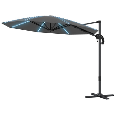 Сонячний парасоль з алюмінію Outsunny з LED-підсвіткою, сонячний, Ø300см, регульована висота, парасоль з ручним підйомом, стійка, SPF 50+, водовідштовхувальний, 360° обертання, торговельний парасоль, регульований нахил, садовий парасоль, захист від сонця 