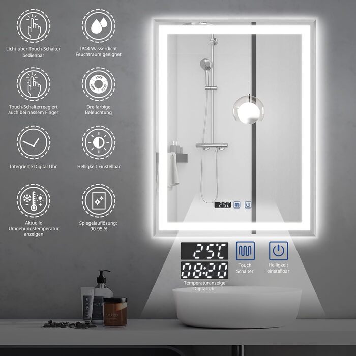 Дзеркало YOURLITE з підсвічуванням, 70x50 см, LED дзеркало для ванної кімнати з сенсорним вимикачем, годинником, 3 кольори світла, регулювання яскравості, запобігання запотіванню, пам'ять налаштувань, срібло