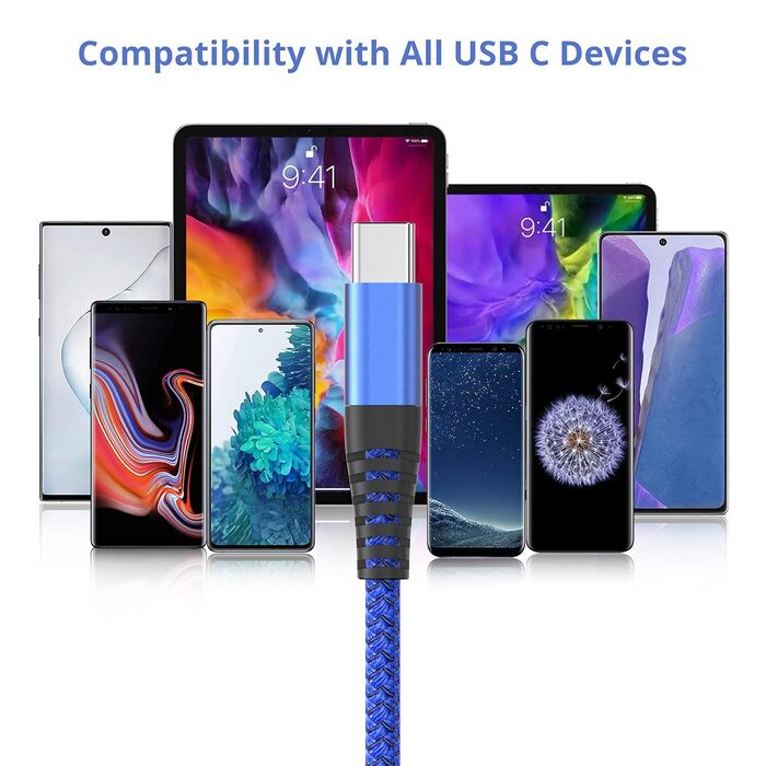 Кабель USB-C 3 шт. 1.8м, швидка зарядка QC 3.0, сумісний з Samsung Galaxy, iPhone, Huawei, HTC, LG, Sony Xperia, Moto