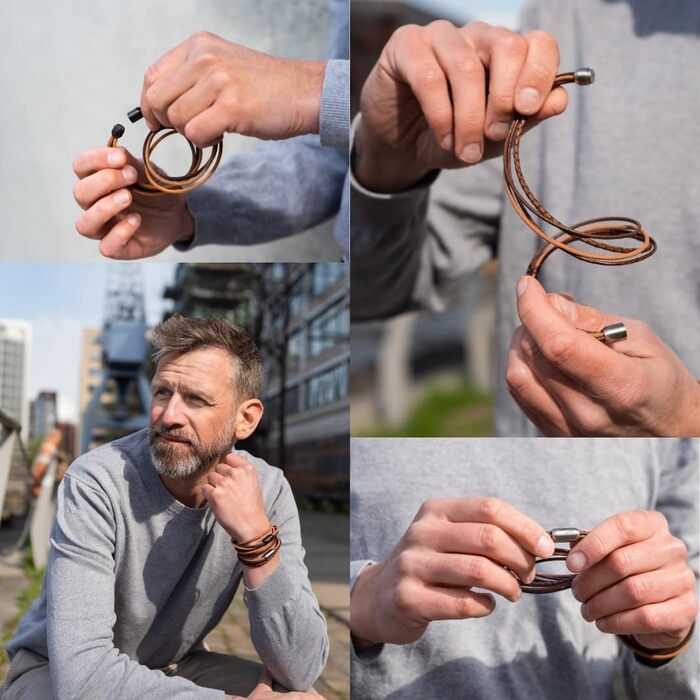 Браслет шкіряний Echtleder (Німеччина) унісекс з магнітною застібкою, 3XL (21-22 см), коричнево-срібний