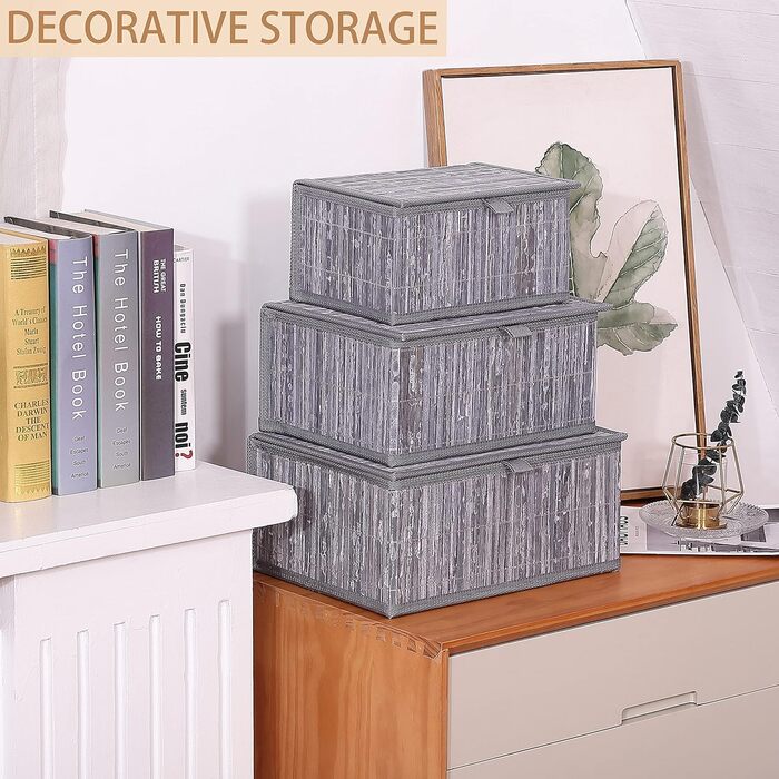 Honeycomb Storage Basket with Lid, Woven - Bamboo Decor Storage Boxes, Set of 3 Rattan Basket with Lid Woven Fabric Insert for Bathroom Kitchen Shelf Organization (Large/Medium/Small) (Gray Marble)