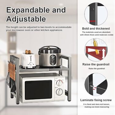 Настільний органайзер для мікрохвильової печі з 6 гачками, регульована висота та ширина, металевий, для кухні, спецій та кухонного приладдя