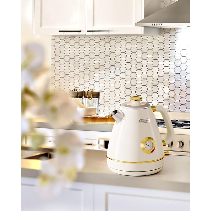 Електричний чайник Rudy Retro з термометром, нержавіюча сталь, 1.7 л, 2200 Вт, без пластику, автоматичне відключення, Vintage-дизайн (Перламутровий)